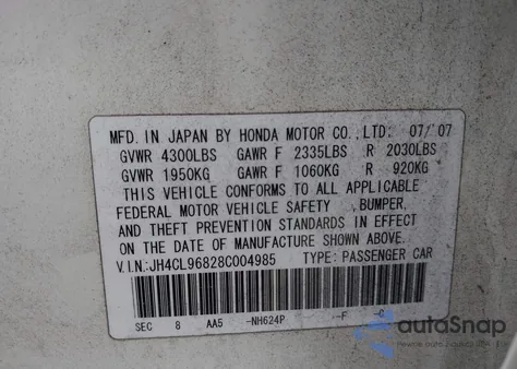 2008 Acura Tsx из США, поврежденный, VIN JH4CL96828C004985